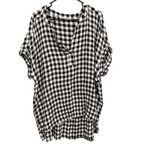 Janet+Delancey 1X Black White‎ Plaid Tunic Top Short Sleeve Womens Plus Size